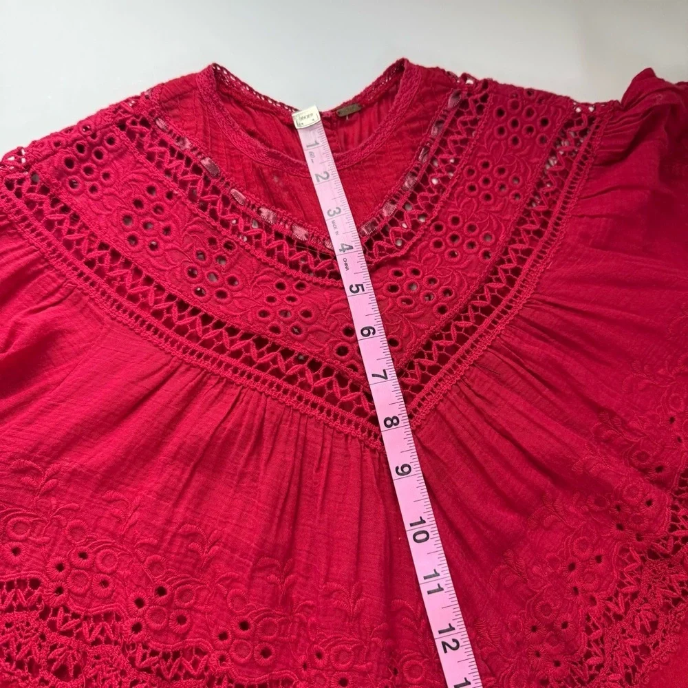 Free People Abigail Top Womens Size XS Red Eyelet Victorian Shirt Back Button